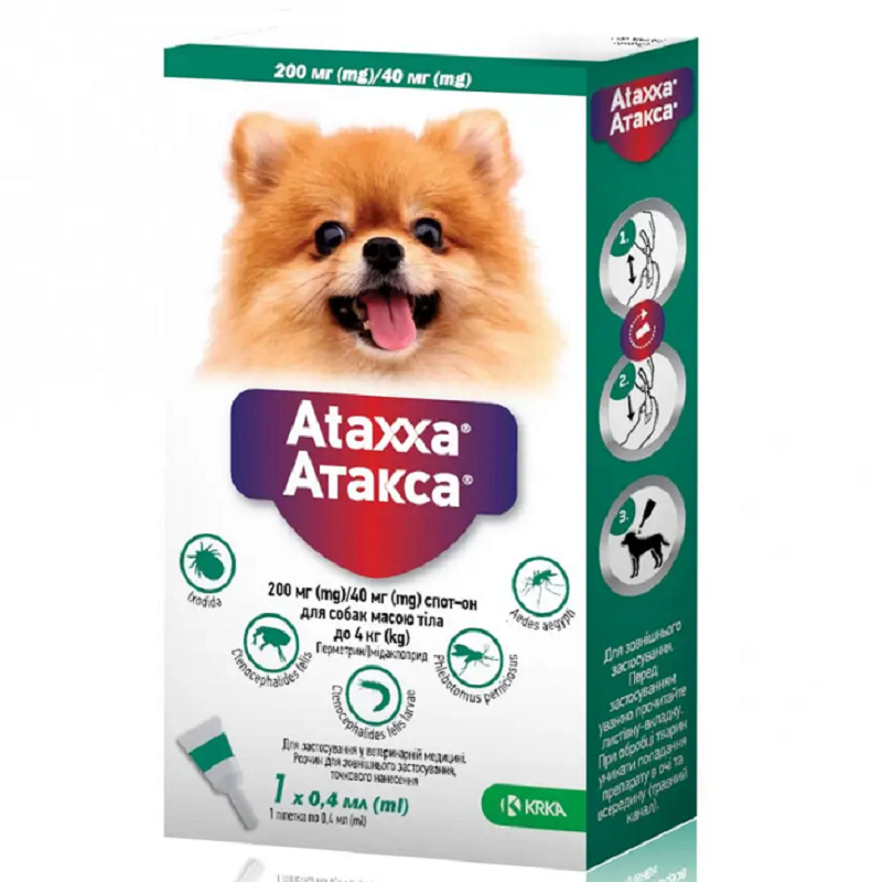 Капли на холку для собак до 4 кг Ataххa от блох и клещей 1 пипетка 0,4 мл KRKA термін 02.2026 Капли на холку для собак до 4 кг Ataххa от блох и клещей 1 пипетка 0,4 мл KRKA термін 02.2026